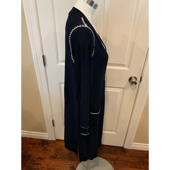 St. John Navy Blue Wool Long Cardigan w/ Hand Beaded Accent, Size Small - Picture 5 of 8